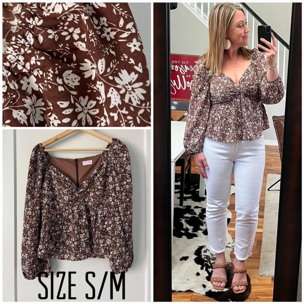 Pink Lily Floral Brown Twist Front Babydoll Top